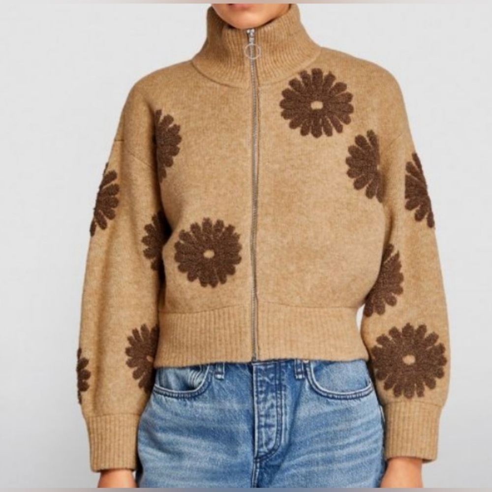 Sandro Silas Floral Zip Cropped Cardigan Sweater